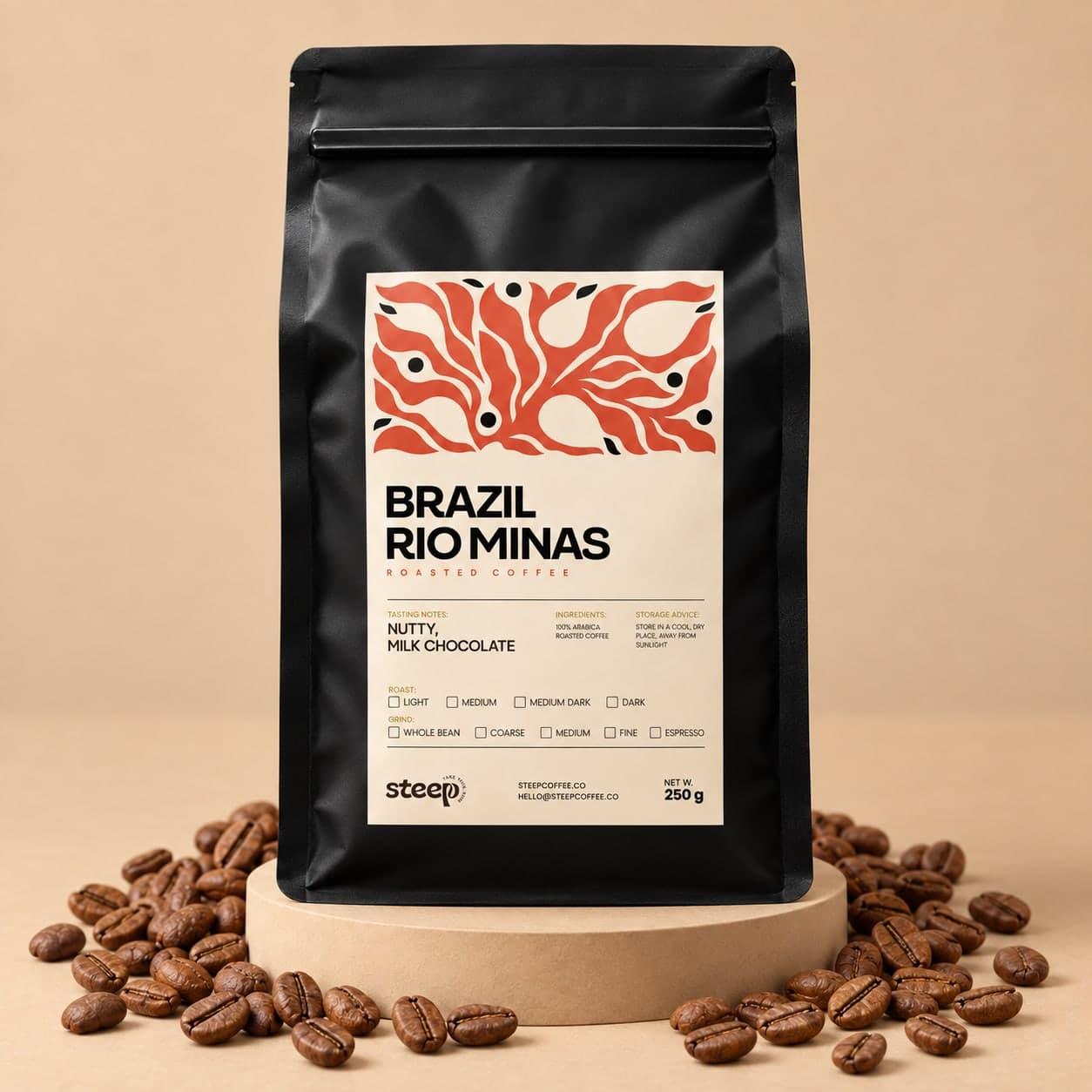 A 250 g pouch of Steep Brazil Rio Minas Medium on a round plinth, ringed with roasted beans