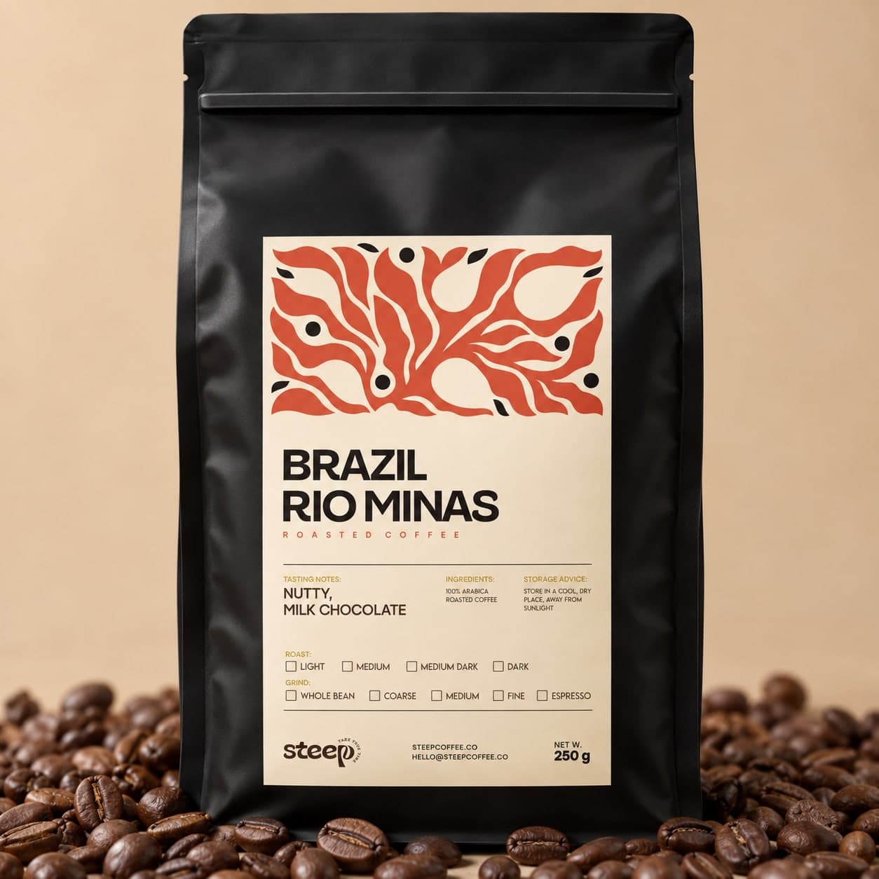 A 250 g pouch of Steep Brazil Rio Minas Medium-Dark standing in a scatter of roasted beans
