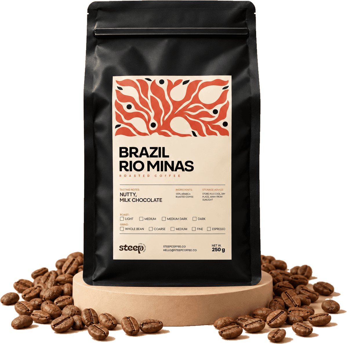 A 250 g pouch of Steep Brazil Rio Minas on a plinth, ringed with roasted coffee beans